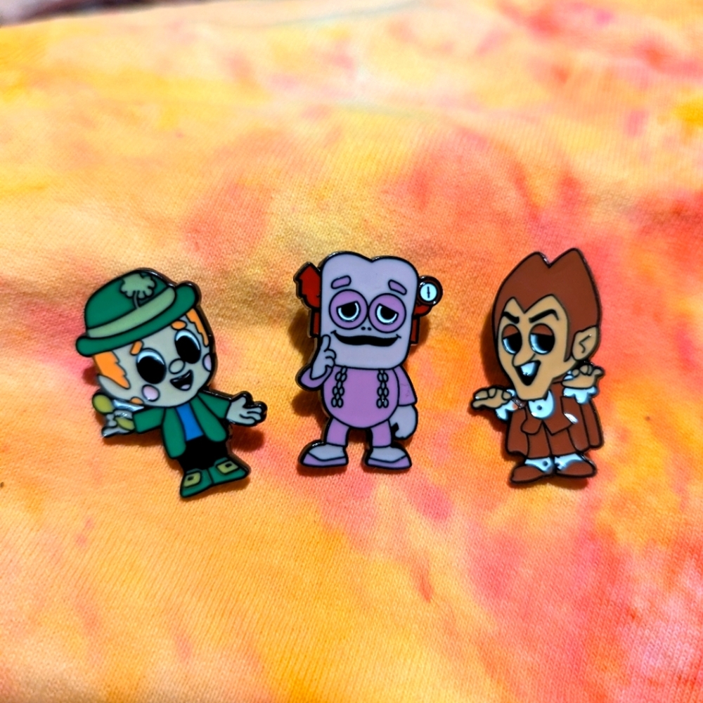 1980's Cereal Monster Hat pins, Franken Berry pin, Count Chocula, Lucky Charms